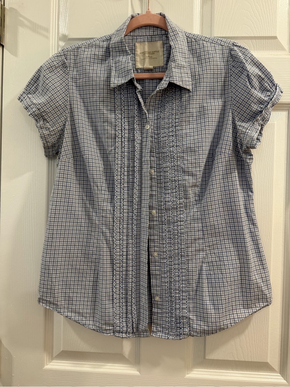 American Eagle Outfitters Blue and White Gingham Check Short-Sleeve Button-Down